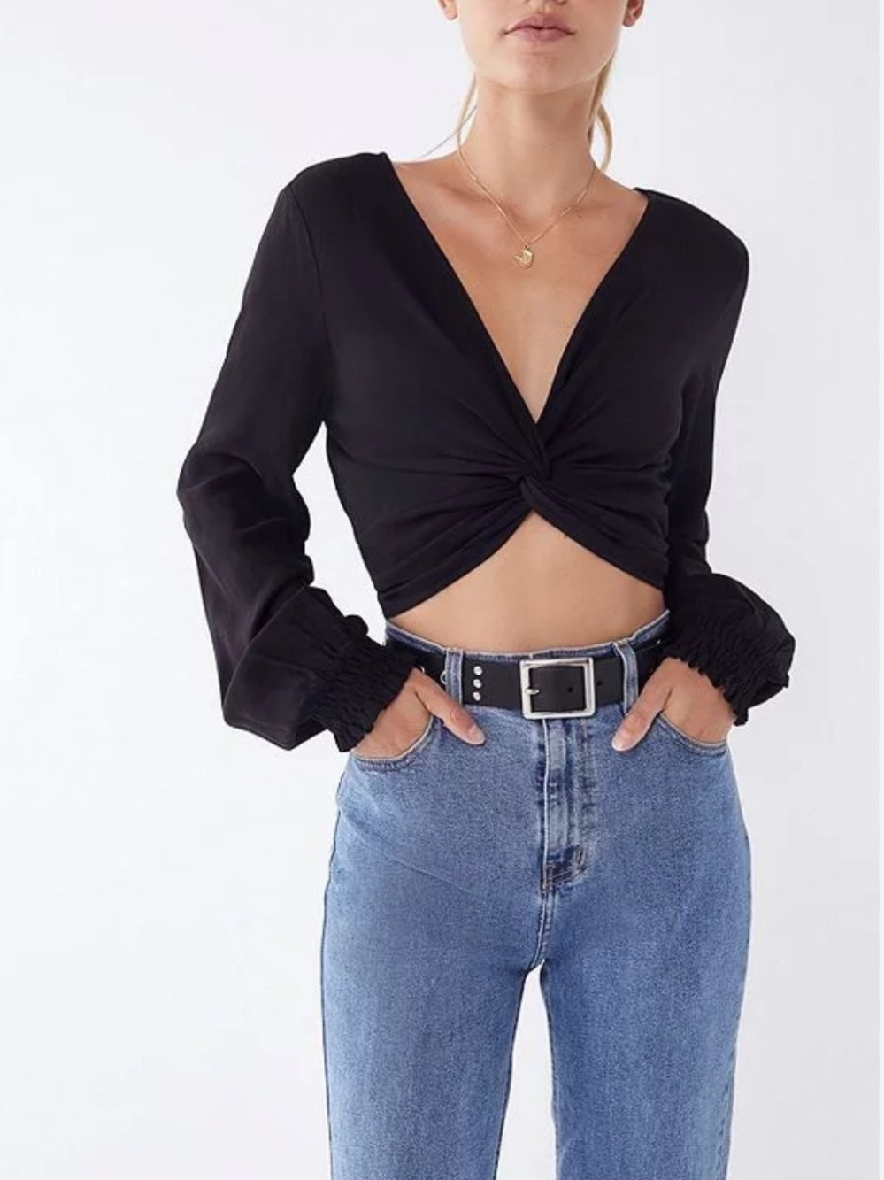Urban Outfitters Black Twist-Front Long Sleeve Crop Top